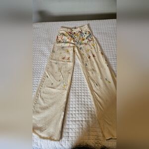 Zara Cream Floral Painted Wide Leg Jeans